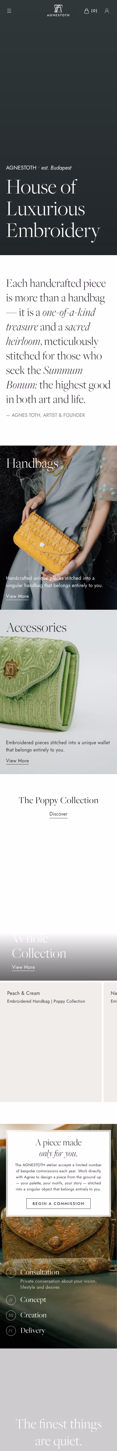 AGNESTOTH website preview — Luxury embroidered handbags