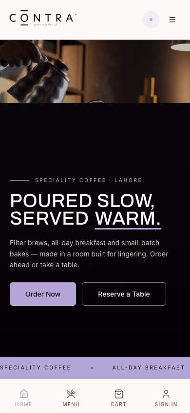 Contra Coffee website preview — Café · Lahore